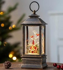 Christmas Snow Globe Lantern: Cardinal  Church, Music, Timer, USB/Battery