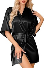 Women's Lace-Trim Silk Robes Bride Bridesmaid Kimono Satin Bathrobe V Neck Sl...