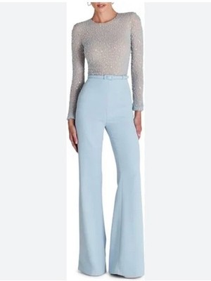 Nadine Merabi Blue Misha Beaded Long Sleeve Wide Leg Jumpsuit Size 12 XL $675