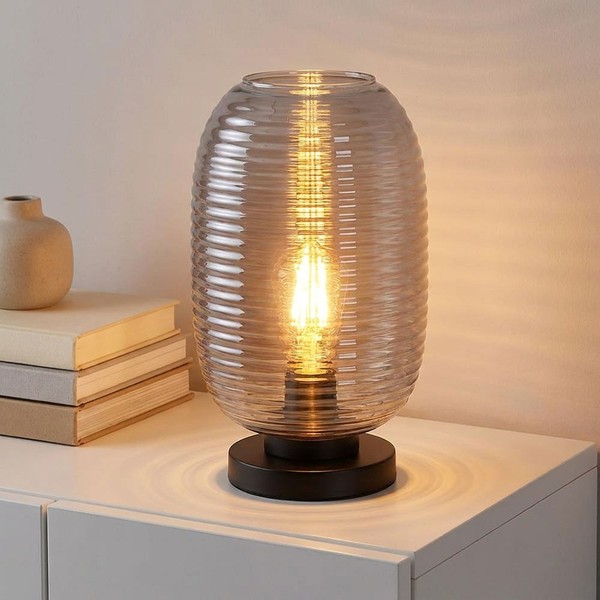 Led Tischleuchte Schalter Wohnzimmerlampe Schwarz Glas Rauchfarben H 34,5 Cm-image