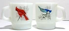 Vtg White Milk Glass Anchor Hocking Fire King Cardinal, Blue Jay and Oriole Mugs
