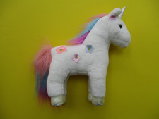 FAO Schwarz UNICORN Plush White with rainbow tail, mane 12" tall FLOWERS