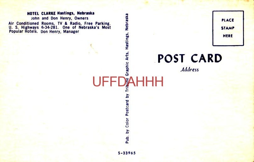 HOTEL CLARKE, HASTINGS, NE.  John and Don Henry, Owners/Manager thumbnail 2