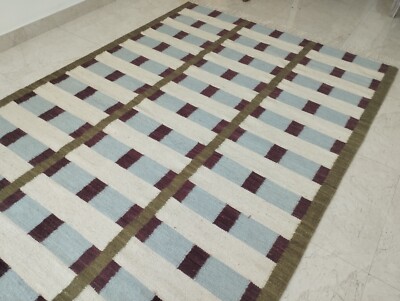 Blue Scandinavian Swedish Kilim Tile Rug Handmade Flat weave Boho Large Area Rug