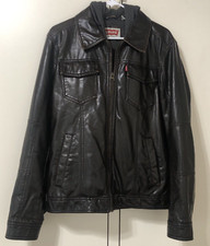 LEVI'S Hooded Bomber Jacket Brown Faux Leather Mens Size Small y2k 90s Throwback