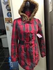 Roxy Juniors Large Plaid Buffalo Red Coat Hoodie Casual Jacket Faux Fur Y2k