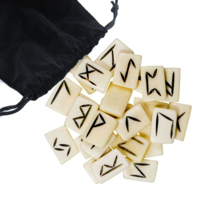 Bone Rune Set NEW Norse Runes 25 pc Elder Futhark White Tiles with Pouch Bag