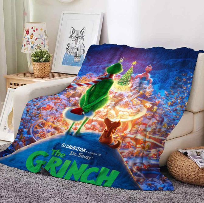 Kids Adults The Grinch Xmas Flannel Blanket Sofa Bed Soft Warm