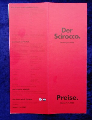 VW Scirocco  Preisliste Modelljahr 1986 v. 09.04.1985   GT, GT / GTX 16V, GTL