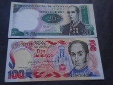 VENEZUELA, P 59 + 71, 100 + 20 Bolivares , 1980 + 1987 , AU + UNC , 2 notes