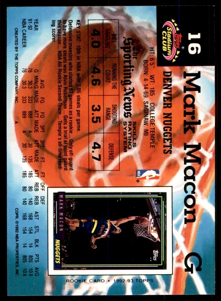 1992-93 Stadium Club Mark Macon Denver Nuggets #16 - Image 2 of 2