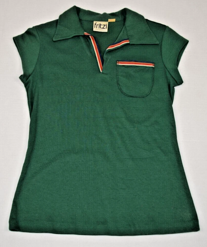Vintage Shirt Fritzi Size S/M 70s 80s Forest Green Color Ribbon Trim Soft Cotton - Image 3 of 4