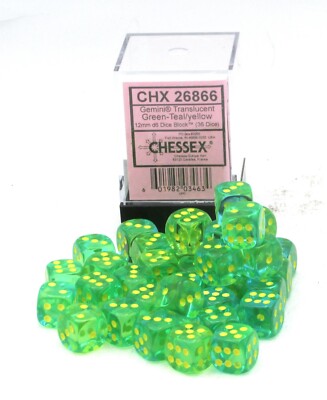 Chessex 26866 Gemini Translucent Green-Teal Yellow 12mm d6 Dice Block (36 Dice)