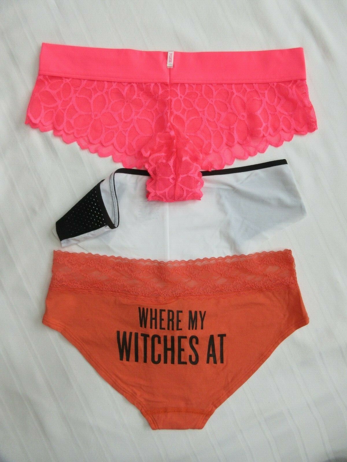 ORANGE Halloween Lot 3 Victoria's Secret Cheeky Cotton Panties M NWOT Witches at
