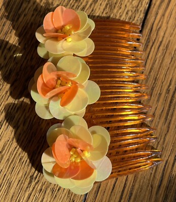 Vintage Hair Side Comb Iridescent 3D Yellow Orange Flowers  display picture 3