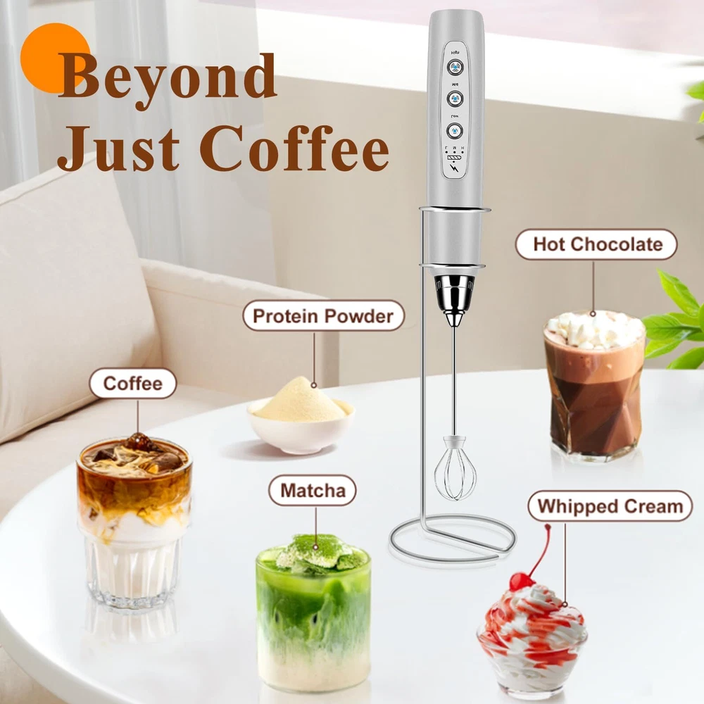 Milk Frother Handheld Rechargeable with Stand Frother Wand Drink Mixer Electr...