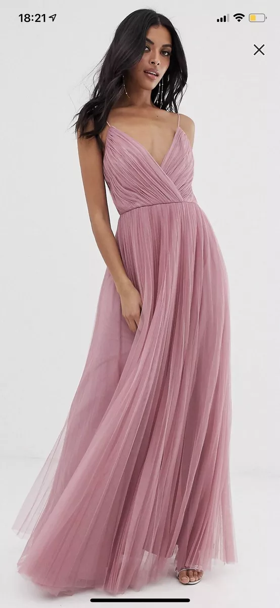 ASOS design Cami Pleated Tulle Maxi Dress In rose pink Size 10