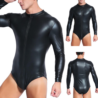 Mens Wet Look Latex Bodysuit Swimwear Patent Leather Bodycon Leotard Sleepwear