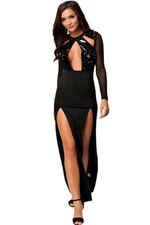 HOT Black Mesh Long Sleeve Gown with Sequin Front