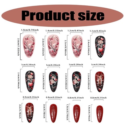 24 Pcs Heart on Nail Almond Press On Nail Valentines Day False Nail - Picture 7 of 7