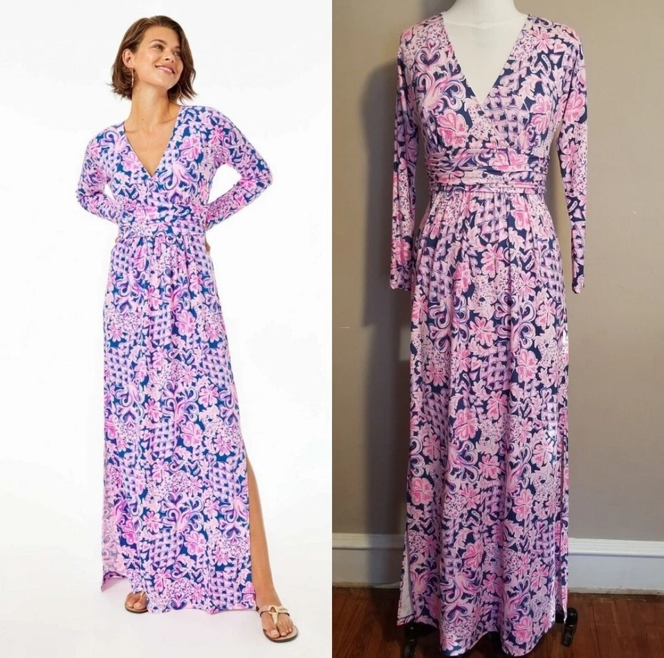 S Lilly Pulitzer Maxi Valentine Pink Pineapple Heart Leopard Dress Long Sleeve