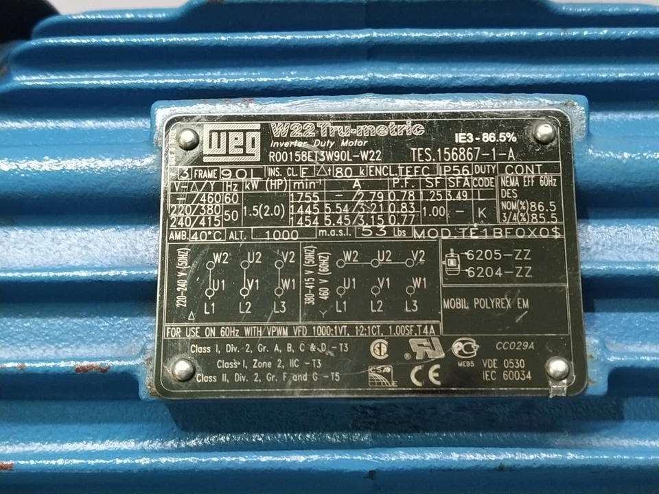 WEG R00158ET3W90L-W22 INVERTER DUTY MOTOR 2-HP 1755-RPM 460V - Image 4 of 4