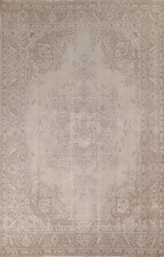 Muted Vintage Distressed Beige Tebriz Living Room Rug 8x11 Hand-made Wool Rug