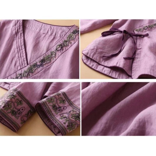 Damen Blumen bestickt Top Ethno Retro Shirt V-Ausschnitt Hanfu Cardigan Shirt Gr. - Bild 11 von 11
