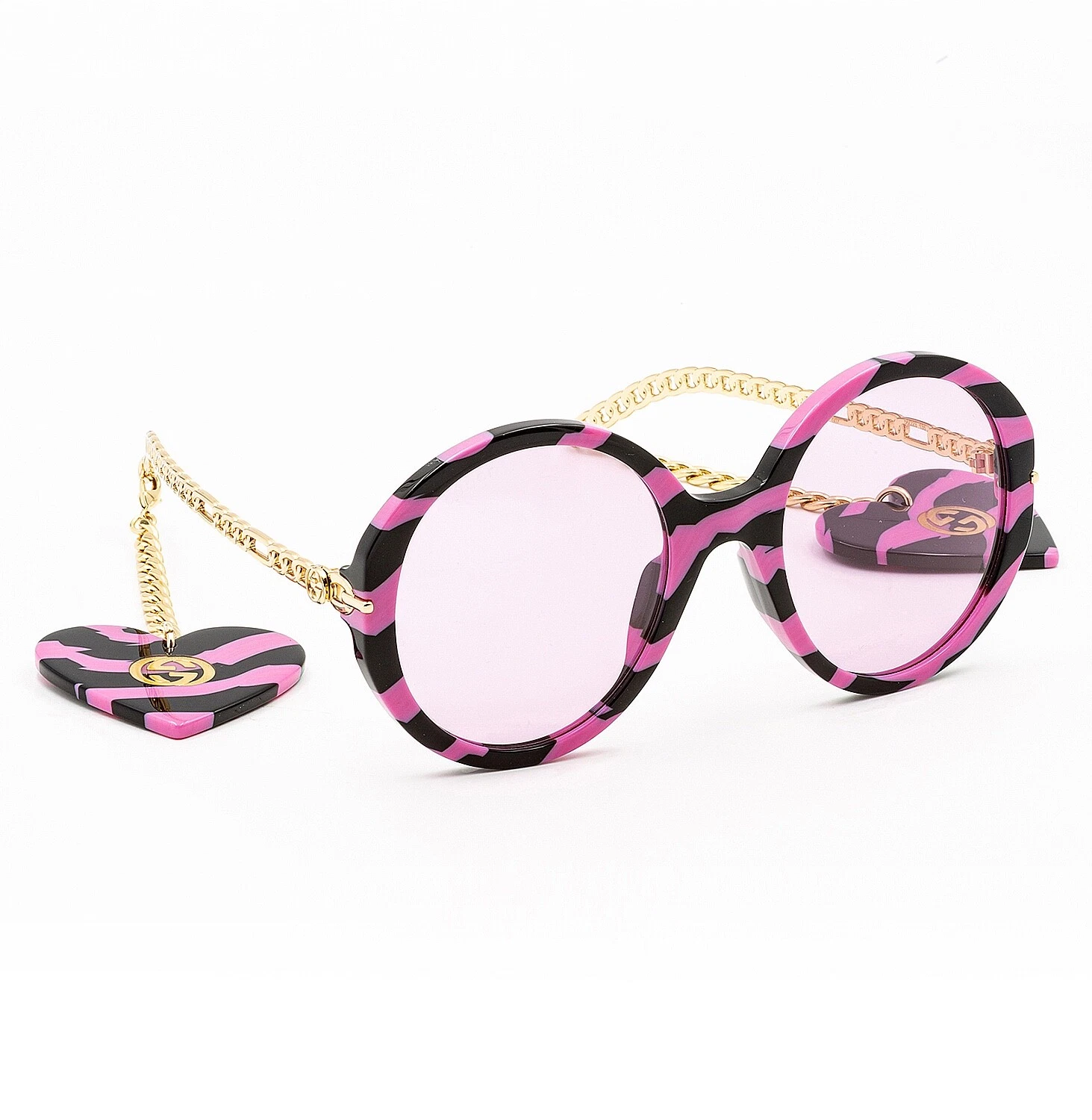 Occhiali da sole rotondi Gucci GG0726S CHAIN 0726 oro nero rosa zebrato cuore charm 007