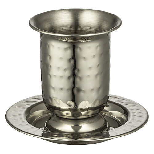 Hammered Finish Stainless Kiddush Wine Cup with Saucer for Shabbat and Holidays - Picture 1 of 2