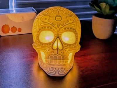 Day of the Dead Sugar Skull, Flower Calavera, Ofrenda Decor, with LED Tea Light.