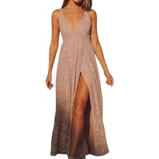 NWT Lulus Lace Up Back Lace Maxi Dress Deep V Neck High Slit Blush Pink Size XS