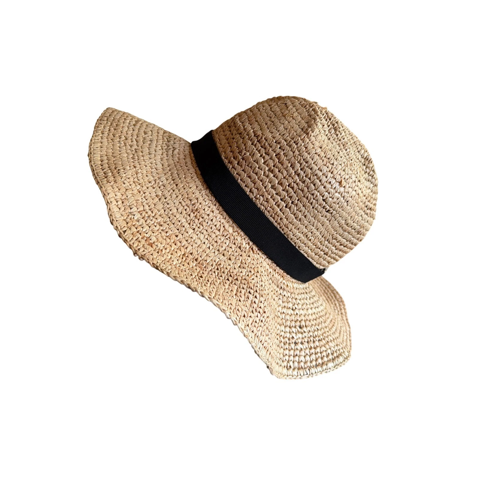 J.Crew Sun Hat Tan Woven Straw Floppy Wide Brim Black Grosgrain Ribbon Trim