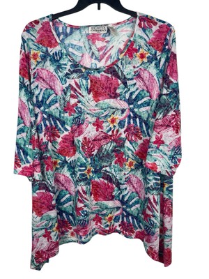 New Direction 2X Pink Floral Tropical Print Lightweight  Stretchy Soft Top