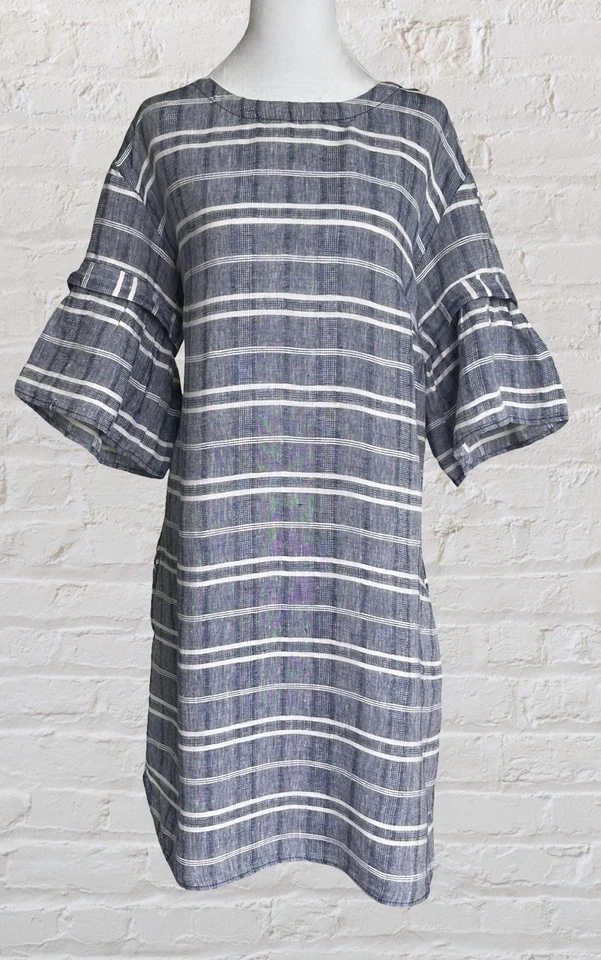 Caslon Blue White Linen Striped Sack Dress Sz L Cottagecore Boho Chic Coastal - image 2 of 4