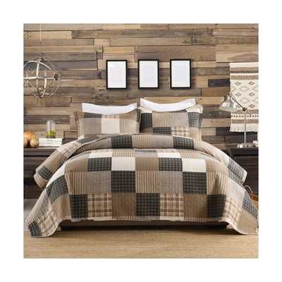 Quilta Patchwork 100% Cotton King Brown Quilt Set - Farmhouse Plaid Patchwork...