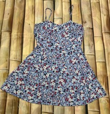 Calvin Klein Jeans Womens XS Blue Floral Mini Dress Spaghetti Strap Fit Flare