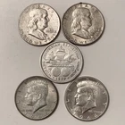 [Lot of 5] USA Half Dollars 90% Silver Franklin Kennedy 1893 Columbian $2.50 FV