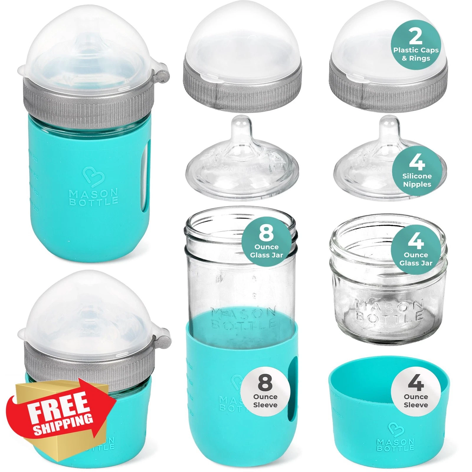 Mason Bottle Glass Baby Bottle Gift Set, 8oz/4oz, Anti-Colic