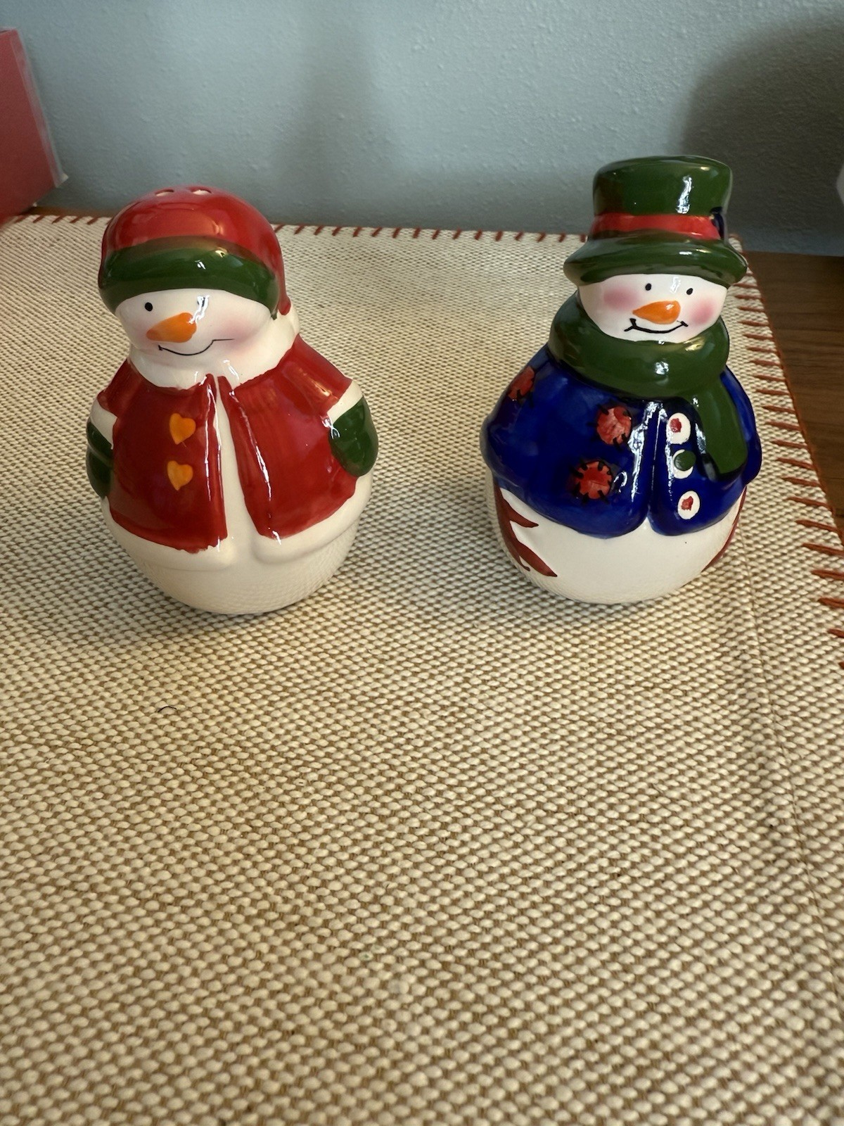 Ceramic Snowman and Hat Salt Pepper Shakers Holiday Set