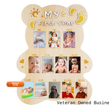 Nqeuepn My First Year Picture Frame Cut Bear Shape Baby Photo Frame Wood Board