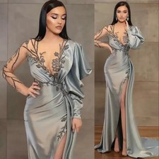 Silver Long Sleeved Evening Gown Crystal 3D Floral Lace Front Slit Ball Dress