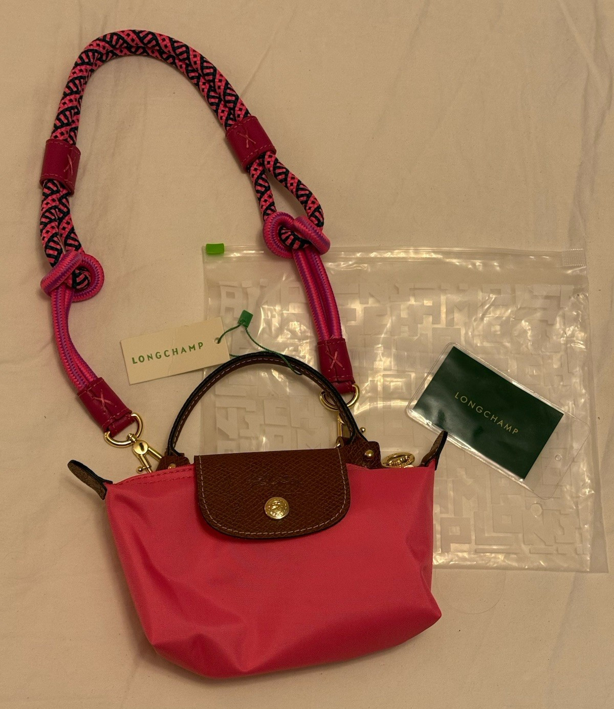 Longchamp Le Pliage Mini Pink Purse Bag Top Handle Custom Strap Gold Fuchsia New