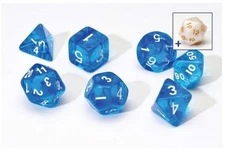 7 + 1 Translucent Resin Poly dice Set - Blue, White pips - Sirius Dice