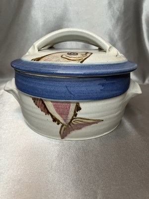 Large 10  Vintage Studio Pottery Fish Bun & Tortilla Warmer - Vented Center Post