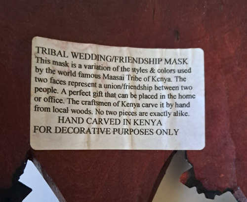 Kenia Hochzeit Freundschaft Holzmaske Stamm afrikanisches Dekor 10" Zoll handgefertigt - Bild 4 von 5