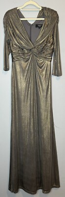 tadashi shoji dress XS Gold Metallic V Neck Pleated Long Maxi Mother Bride Groom