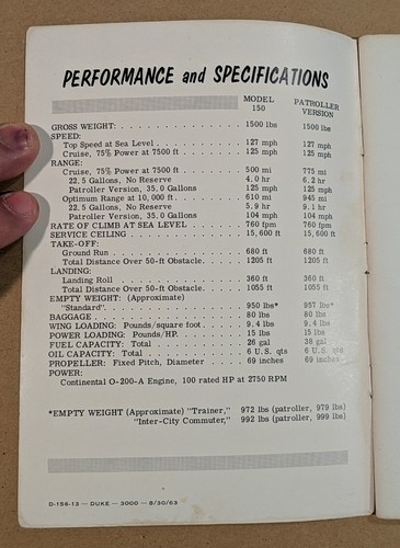 Nice 1963 Cessna 150C Owner's Manual 150 D-156-13 Printed 8/30/63 - Picture 2 of 8