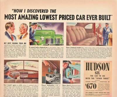 1940 Hudson Automobile Vintage Print Ad Hudson Six The Car To See
