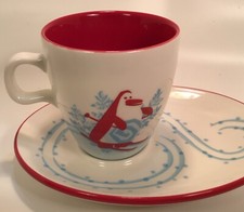 Starbucks Holiday 2007 Coffee Cup with Cookie Plate Penguin And Snowman Skiing
